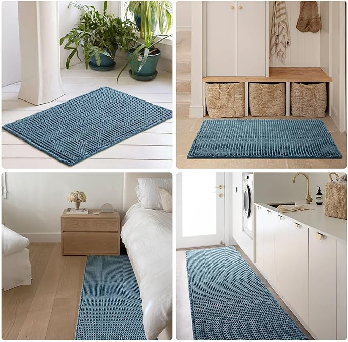 Waffle Bath Mat, Boho Bathroom Rugs Non Slip Washable Super Absorbent Quick Dry Bath Mat Farmhouse Bathroom Decor, 48"x24" Denim Blue