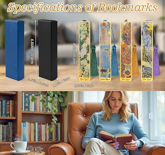 4pcs Elegant Metal Bookmarks with Tassel, Oil Painting Theme Vintage Bookmarks mit Gift Box,Golden Hollow,Fancy Aesthetic Page Holder Thank You Gifts for Teacher Readers Women Men Friends