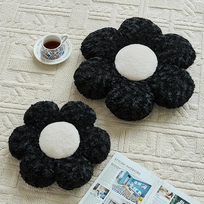 Flower Pillows, Decorative Throw Pillow with Soft Plush for Couch, Flower Shaped Pillow Home Decor Daisy Pillow for Bed (Black, 19.6 Inches)