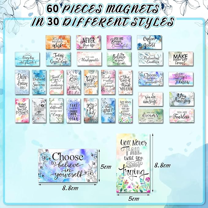 Xuhal 60 Pcs Inspirational Magnets Bulk Rectangle Positive Affirmation Magnets Decals Decorative Inspiring Quotes Fridge Magnetic Stickers for Adults Students Team Motivational Gifts (Watercolor)
