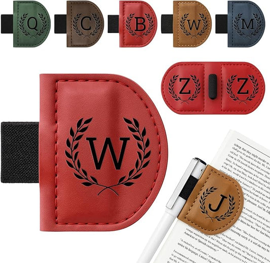 Personalized Bygone Mark Bookmark with Pen Holder,Engraving Leather Magnetic Bookmarks Vintage 26 Letters Name Initials Text Book Marker Clips Gifts for Reading Book Lovers Women (Red, W)