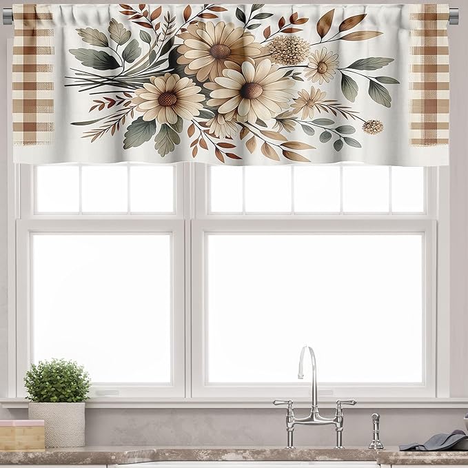 Ambesonne Sunflower Window Valance Pack of 2, Plaid Ornate Autumn Tones Daisy Huddle with Leaves Cottagecore Vibe, Rod Pocket Curtain Valances Kitchen Bedroom, 42" X 18",Tan Taupe and Dark Pink