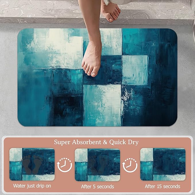 Diatomaceous Earth Bath Mat,Art Painting Bath Rugs,Grey Blue Non-Slip Thin Absorbent Fast Drying Easy to Clean for Bathroom Laundry Home Kitchen Door Mat 17x29.5Inch