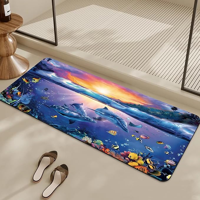Bathroom Rugs Non Slip Quick Dry Bath mat Rubber Bathroom mat, Super Absorbent Bath mat, Washable Bathroom mat Bath Rugs, Shower Mat Bath Mats for Bath Floor, 16.9x35.4in, Ocean Sunset