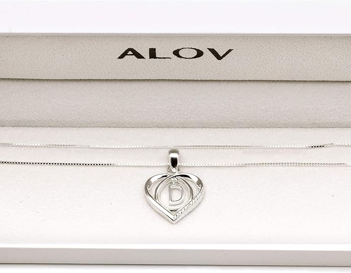 ALOV Jewelry Sterling Silver Initial Letter Alphabet Love Heart Cubic Zirconia Pendant Necklace