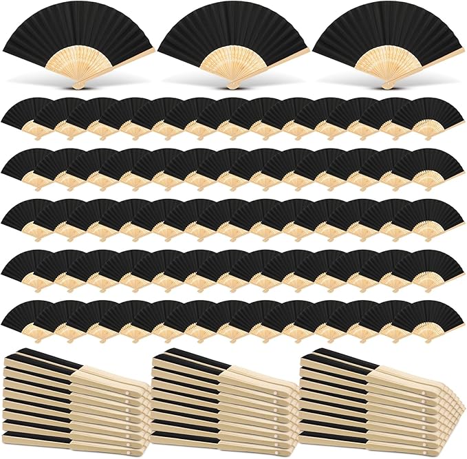 Yinkin 300 Pack Folding Fans Bamboo Handheld Folded Craft Hand Japanese Chinese Fans for Weddings Bridal Dancing Church DIY Decoration Women Gift Party Favors (Black)
