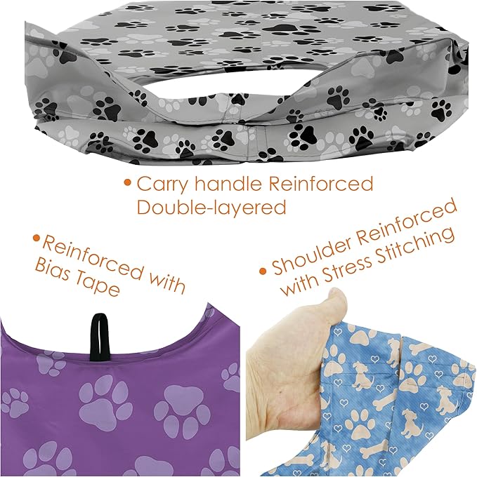 BeeGreen Dog Paws Reusable Grocery Bags with Zipper Storage Pouch 6 Pieces Dogs Reusable Shopping Bags Bulk with Elastic Band Foldable-Machine Washable Pets Gifts Tote Bags
