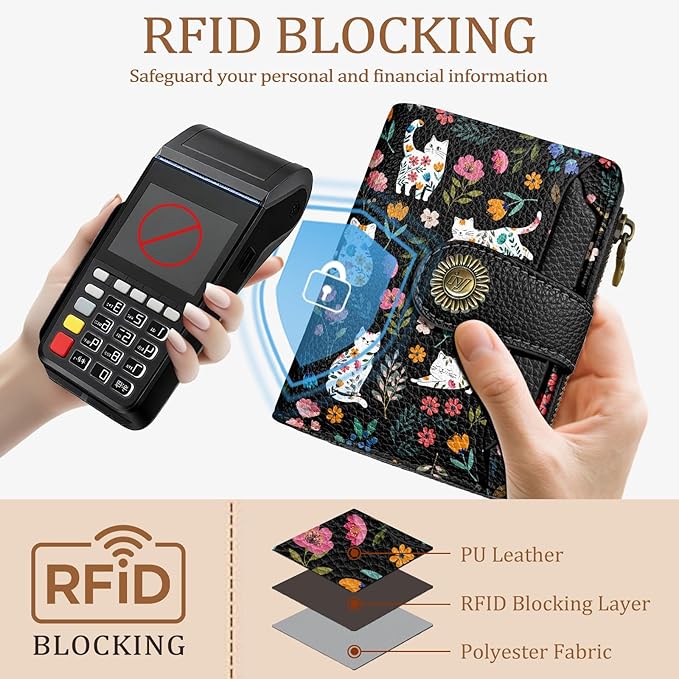 Flowers Cat Wallet Women Small RFID Blocking Bifold, Cute Credit Card Holder, Zipper Coin Pocket, PU Leather, Compact, Travel, 4 ID Window, 14 Card Slots, Cash Purse, Ladies Woman Female Girls