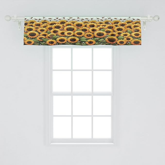 Ambesonne Sunflowers Window Valance, Summertime Inspired Farmhouse Floral Huddle with Leaves and Bees Print, Curtain Valance for Kitchen Bedroom Decor with Rod Pocket, 54" X 12", Mustard Reseda Green