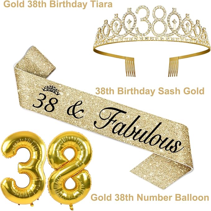 38th Birthday Decorations for Women Gold with 38th Birthday Sash and Tiara, Cake Topper and Candles, Number Balloons, 38 Year Old Gifts for Women
