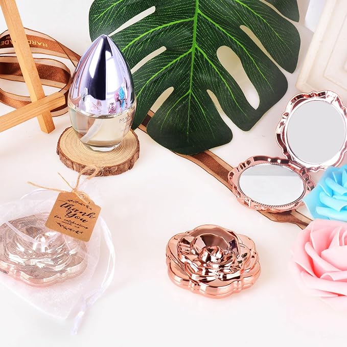 100 Set Rose Compact Mirrors Bulk Quinceanera Wedding Party Favors Including Rose Shape Mirrors and Thank You Tags with White Organza Bags for quinceanera, Wedding Party Guests Souvenir Gift (100)