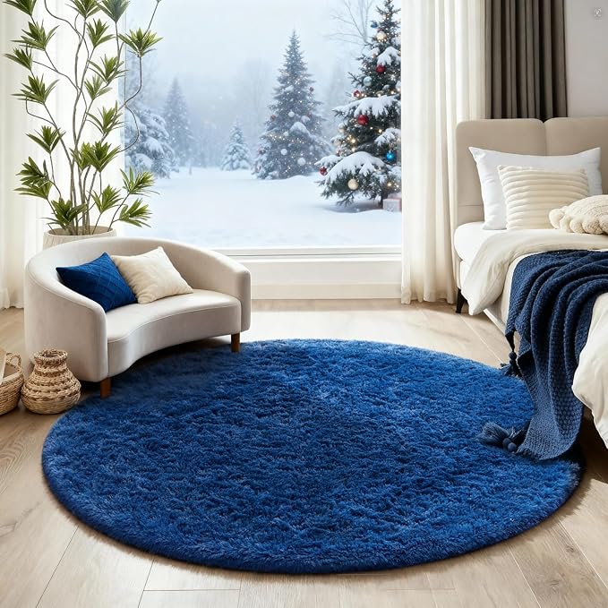 Ophanie Round Rug 4Ft Blue Circle Area Rug, Boys Room Decor, Fluffy Fuzzy Bedroom Carpet, Plush Soft Shaggy Living Room Rugs for Kids Home Decor Aesthetic, Nursery
