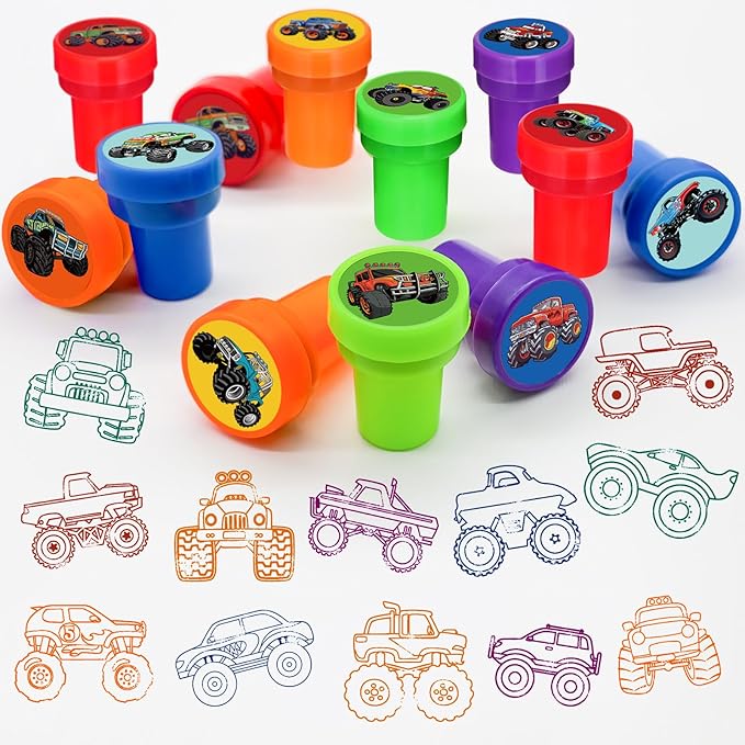 Cinrobiye 24 PCS Monster Truck Party Stampers，Truck & Car Birthday Favors, Hot Wheels Party Supplies, Classroom Rewards, Carnival Prizes, Goodie Bag & Pinata Fillers for Boys Girls