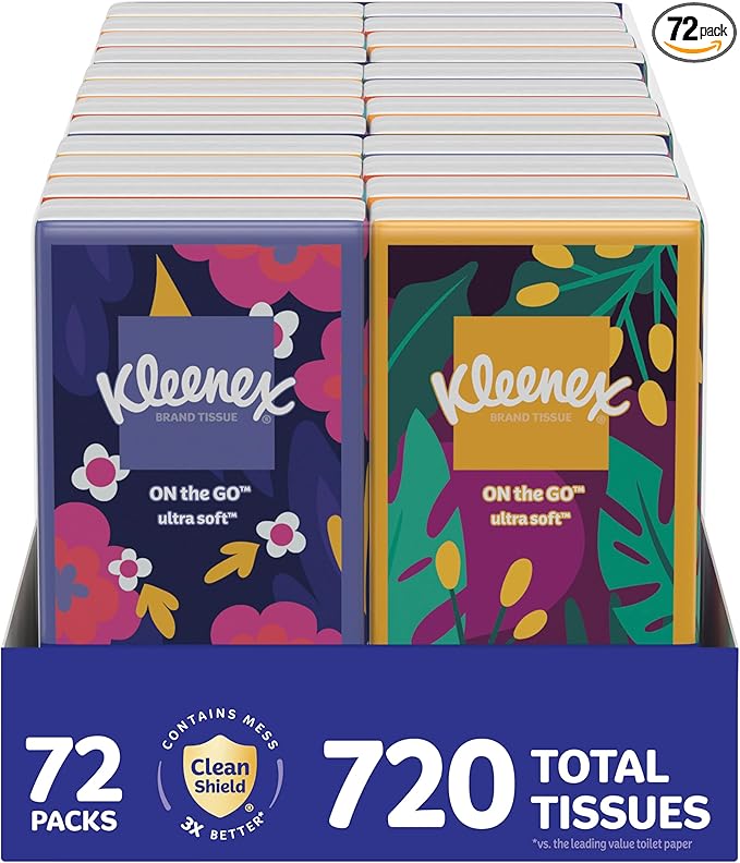 Kleenex On-The-Go Facial Tissues, 72 On-The-Go Packs (3 Trays of 24 Packs), 10 Tissues per Box (720 Total), 3-Ply, Packaging May Vary