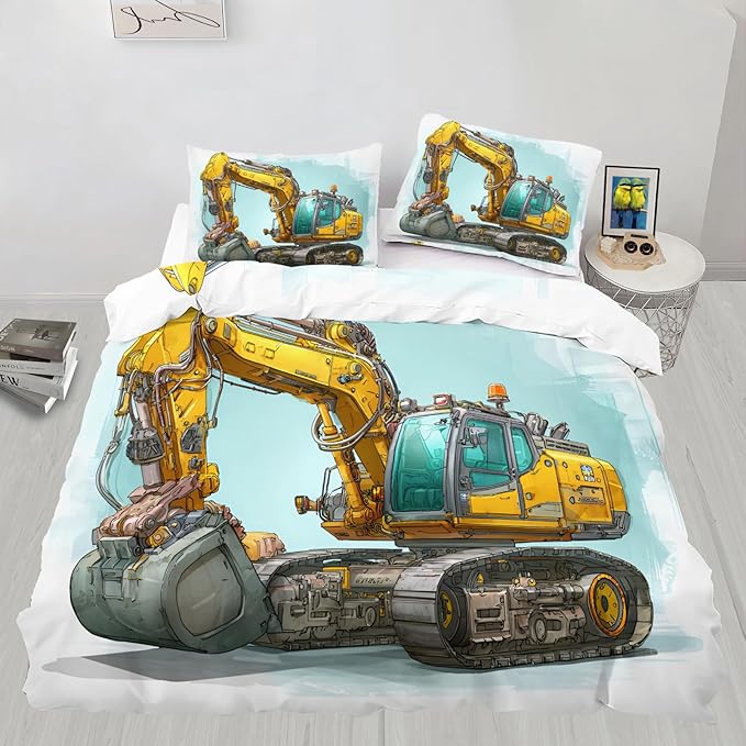 Yellow Excavator Bedding Set Queen Size Engineering Vehicle Duvet Cover Construction Vehicle Comforter Cover Construction Machinery Bed Set Soft Microfiber for Bedroom