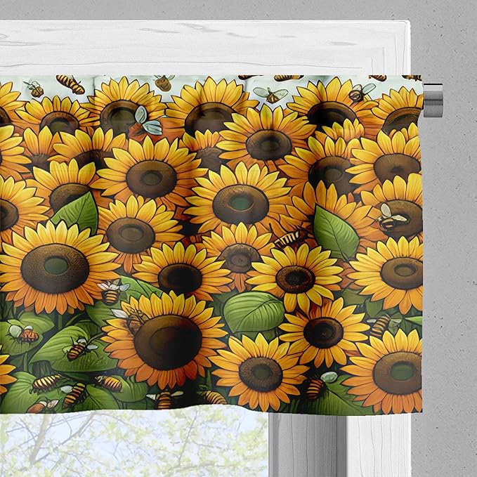 Ambesonne Sunflowers Window Valance, Summertime Inspired Farmhouse Floral Huddle with Leaves and Bees Print, Curtain Valance for Kitchen Bedroom Decor with Rod Pocket, 54" X 18", Mustard Reseda Green