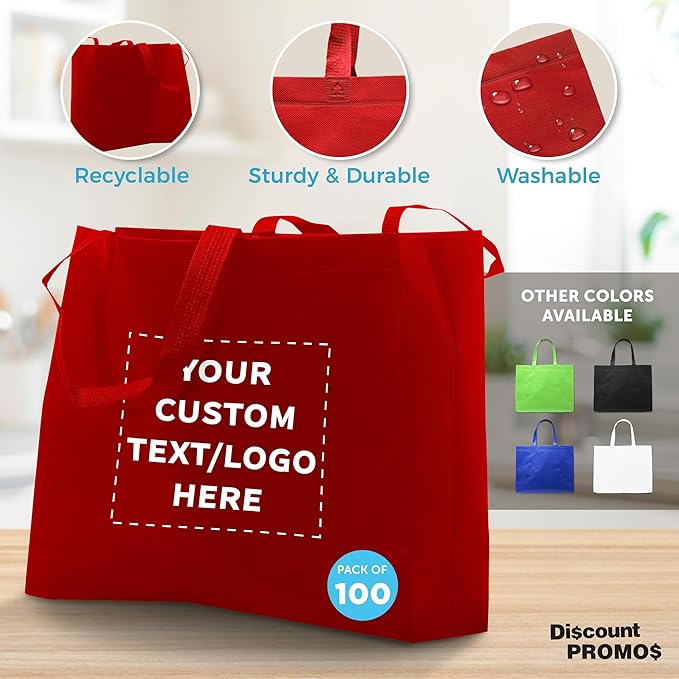 DISCOUNT PROMOS Custom Jumbo Sized Tote Bags Set of 100, Personalized Bulk Pack - Reusable Grocery Bags, Shopping Bags, Promotional Item Totes for Women - Red