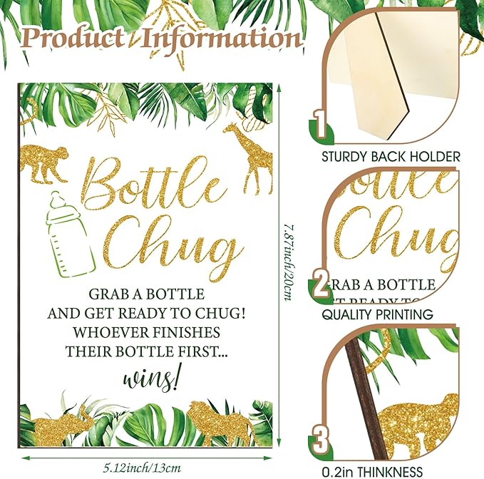 TrelaCo Safari Cool Baby Shower Games Bottle Chug Sign Wooden Jungle Animals Theme Gift Sets Gender Reveal Party Supplies and 12 Pcs Baby Bottle Shower Favor for Games Gender Reveal