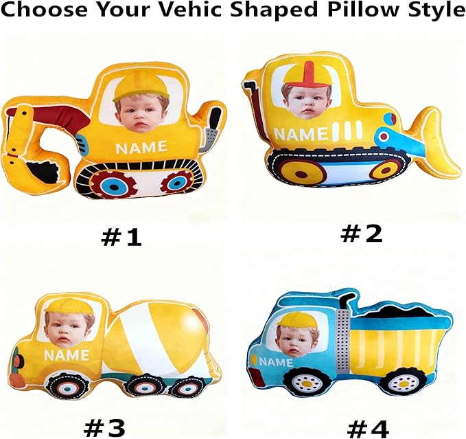 Custom Excavator Shaped Pillow with Kids Face and Name Personalized Construction Vehicle Pillow for Boys Customized Soft Plush Pillow for Room Decor Play Perfect Birthday for Kids