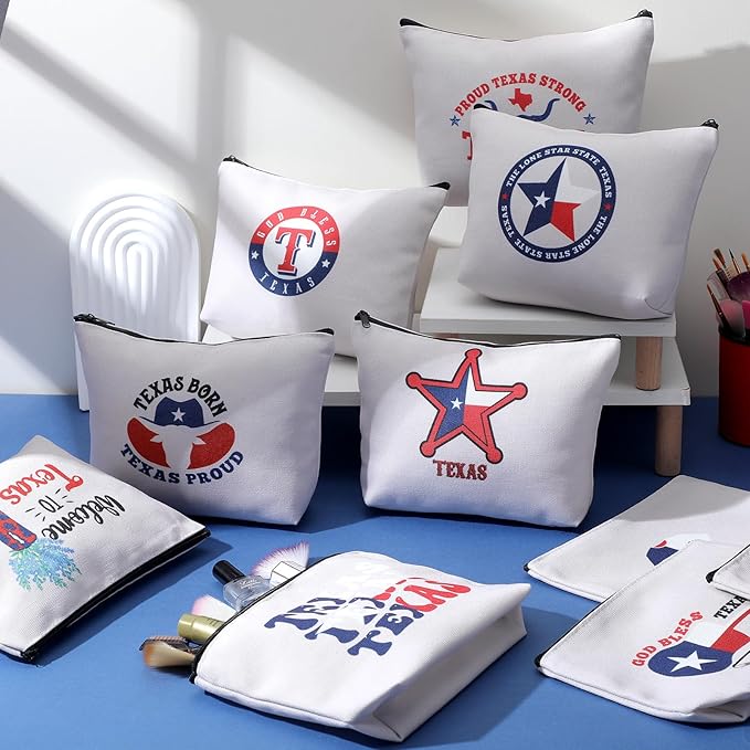 12 Pcs Texas Souvenirs Gifts Novelty Cosmetic Makeup Bag Gift Red White Blue Zipper Pouch Bag Texas State Independence Day Gifts for Women Home Birthday Party Favors