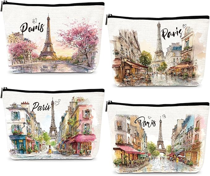Paris Gifts Travel Essentials - 4Pcs Paris City Travel Makeup Bag, France Eiffel Tower Watercolor Cosmetic Bags with Zipper, Vacation Trip Pouch Souvenirs Gifts for Travellers Women Girls