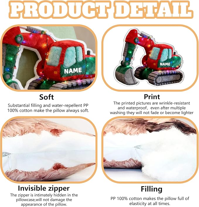 Personalized Excavator Shaped Pillow, Custom Name Plush Stuffed Pillows, Suitable for Beds, Sofas, Bedrooms, Living Rooms Custom Decorative Cushion Gifts for Birthday and Anniversary