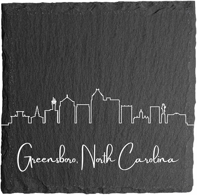 Blue Ridge Mountain Gifts - Greensboro NC Skyline Coasters, Set of 4 - Greensboro North Carolina Souvenir, Slate Coasters with Minimalist Skyline, Housewarming Gift for Friends, Family, & Neighbors