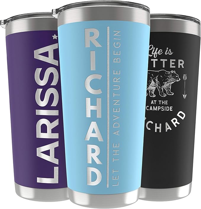 Personalized Gifts For Men - 20 Oz. Custom Tumblers w/Lid, Sky Blue - Insulated Travel Coffee Mugs - Optional Straw Set, Stainless Steel Double Wall Coffee Tumbler, Personalized Cups