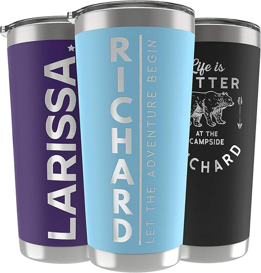 Personalized Gifts For Men - 20 Oz. Custom Tumblers w/Lid, Sky Blue - Insulated Travel Coffee Mugs - Optional Straw Set, Stainless Steel Double Wall Coffee Tumbler, Personalized Cups