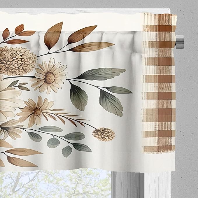 Ambesonne Farmhouse Valance & Tier Curtain 3 pcs Set, Bold Rooster Print and Flowers on Gingham with Rustic Country Style, Window Treatments for Kitchen Room Decor, 55" x 45", Tan Taupe and Dark Pink