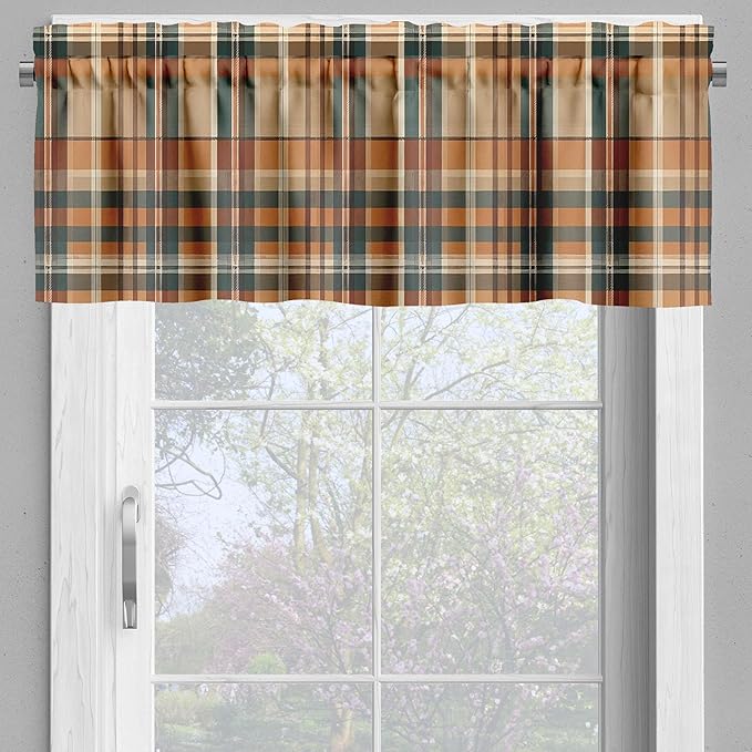 Ambesonne Botanical Valance & Tier Curtain 3 pcs Set, Rustic Plaid Tartan Squares and Meadow Blossoms Gentle Floral Bouquets, Window Treatments for Kitchen Room Decor, 55" x 36", Orange Tan Grey Teal