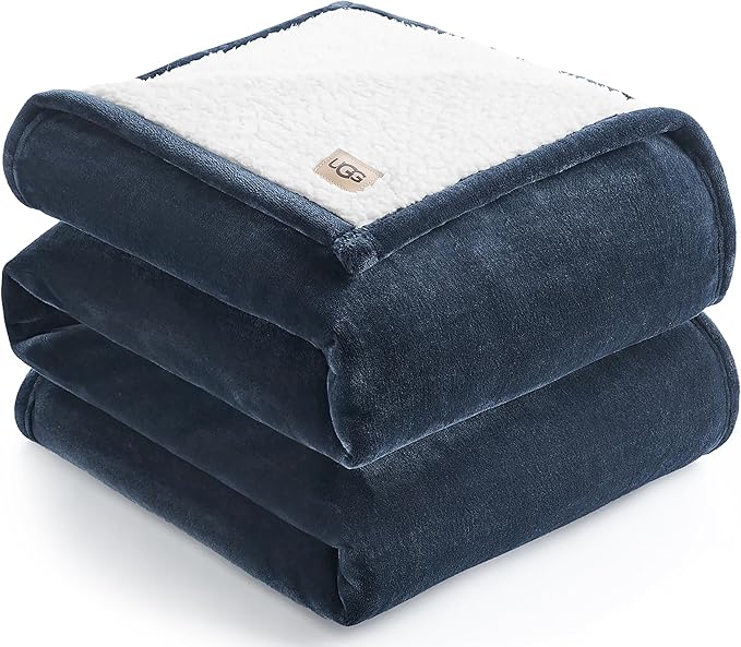 UGG Nita Full/Queen Blanket Fleece Fluffy Reversible Soft Fuzzy Bedding Cozy Plush Warm Oversized Blanket Machine Washable Bedroom Decor for Big Couch or Bed, 90-inch x 90-inch, Navy Blue