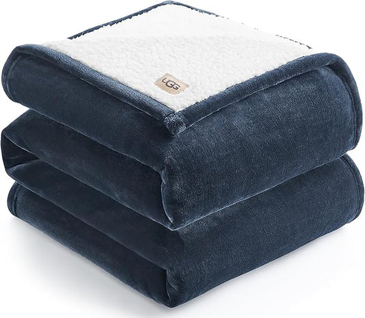 UGG Nita Full/Queen Blanket Fleece Fluffy Reversible Soft Fuzzy Bedding Cozy Plush Warm Oversized Blanket Machine Washable Bedroom Decor for Big Couch or Bed, 90-inch x 90-inch, Navy Blue