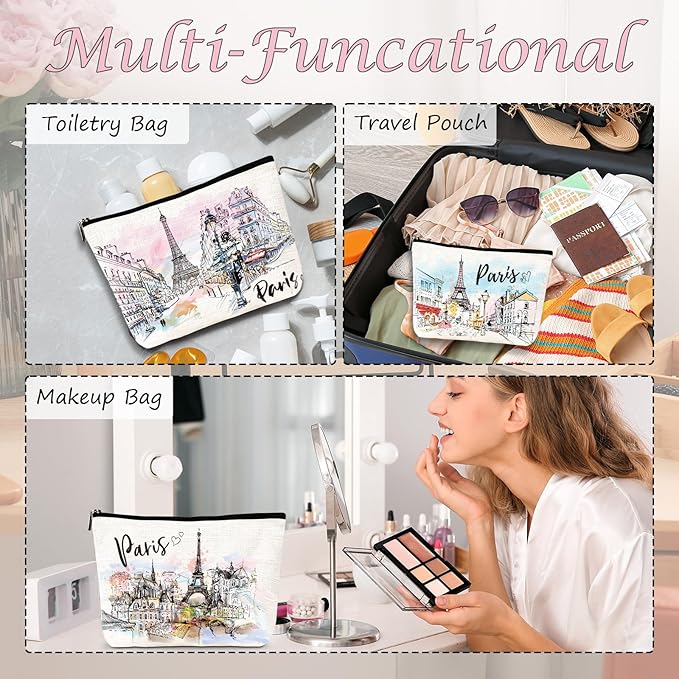 Paris Gifts Travel Essentials - 4Pcs Eiffel Tower Makeup Bag, France Paris City Watercolor Cosmetic Bags with Zipper Pouch, Weekend Vacation Trip Gifts for Travellers Women Girls