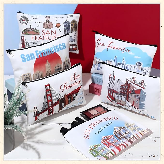 Reginary 6 Pcs City Cosmetic Bag Souvenir Gifts New York Zipper Pouch Chicago Souvenir Seattle Boston Nashville London Paris Italy Alaska Gifts Memento for Women Traveler (San Francisco)