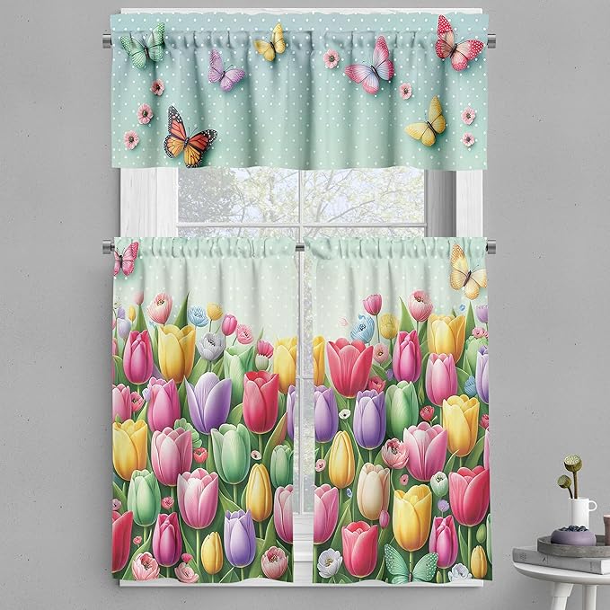 Ambesonne Spring Valance & Tier Curtain 3 pcs Set, Colorful Tulip Garden and Flying Butterflies with Vintage Polka Dots, Window Treatments for Kitchen Room Decor, 55" x 45", Mint Green and Multicolor