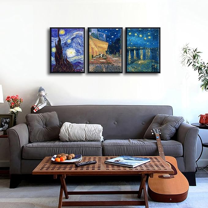 Wieco Art Framed 3 Panels Canvas Prints of Vincent Van Gogh Paintings Reproduction Starry Night Over the Rhone Cafe Terrace at Night Canvas Wall Art for Home Office Decor
