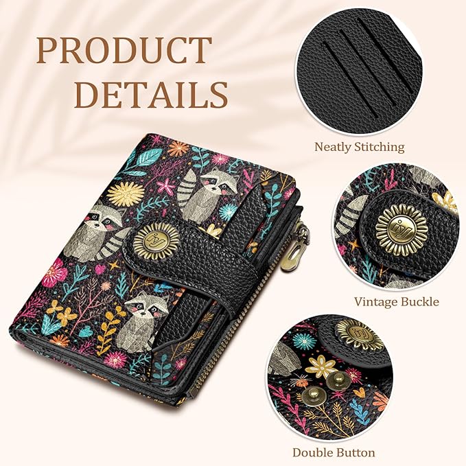 Raccoon Small Wallet Women RFID Blocking Bifold, Cute Credit Card Holder, Zipper Coin Pocket, PU Leather, Compact, Travel, 4 ID Window, 14 Card Slots, Cash Purse, Ladies Woman Female Girls
