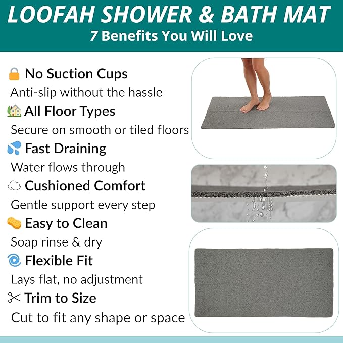 Anti Slip Shower Mat - Non Slip Shower Mats for Inside Shower - Large 47x24 Loofah Shower Floor Mat Non Slip - Bath Mat for Shower - Secure Mat Without Suction Cups (47x24 Gray)