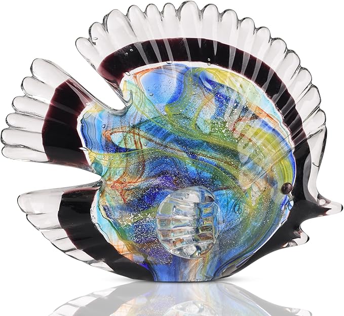 DOVDOV Blown Glass Fish Statues and Sculptures, Stained Glass Fish Modern Art for Coastal Style Home Decor, Shelves Office Fish Tank Bookcase and Entryway Entry Table Top Coffee Table.