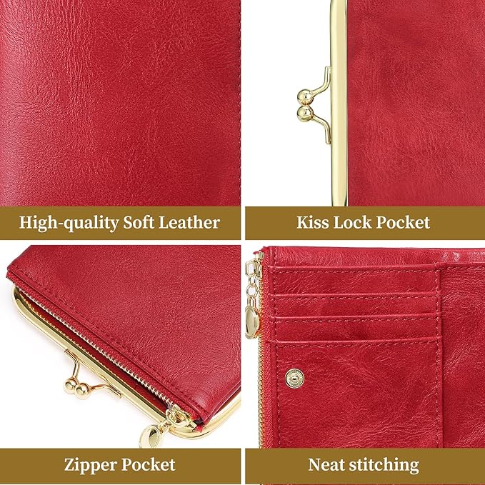 Wallet Women Small RFID Blocking Bifold Leather Wallets for Women Vintage Coin Purse With Zipper and Kiss Lock