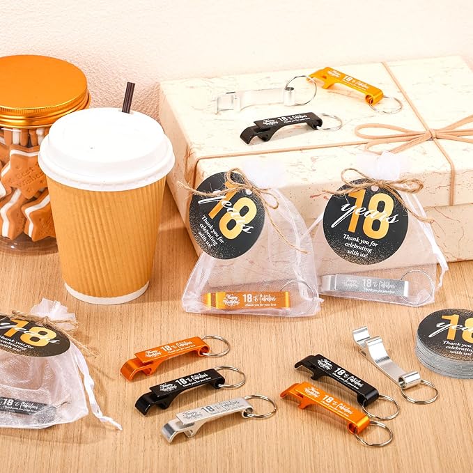 Dandat 54 Sets 18th Birthday Party Favors for Guests Birthday Beer Opener Keychain Cheers to 18 Bottle Opener Keychain with Thank You Cards and Gift Bags for Anniversary Wedding Party Favors