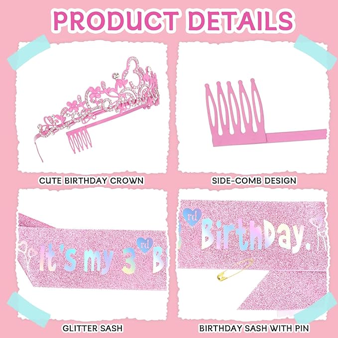 YARIEW Birthday Decorations Glitter Sash and Crown Kit Sparkle Birthday Tiara Crown and Sash Party Outfit Accessory