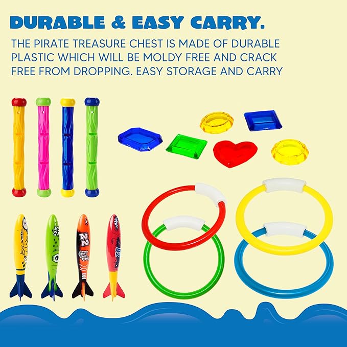 JOYIN 18Pcs Diving Pool Toys for Kids, Swimming Pool Toy with Storage Bag Includes 4 Pool Rings, 4 Diving Sticks, 4 Bandits, 6 Treasures Underwater Swim Pool Games for Ages 8-12