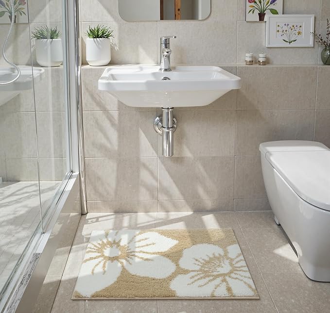 Uphome Bath Mats for Bathroom, 18x26 Modern Floral Bathroom Rug Non Slip, Soft Machine Washable Absorbent Quick Dry Bathroom Mat for Tub, Shower, Floor (Beige)