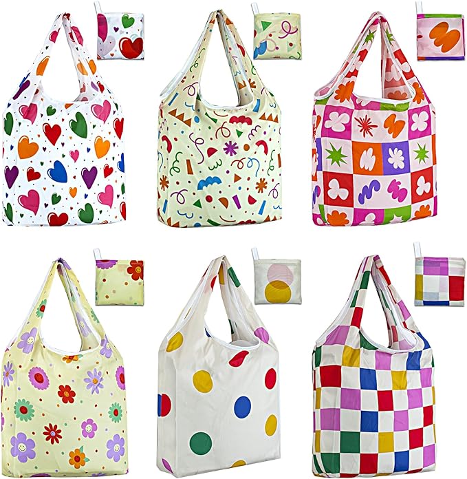 LOLOMLO 6 Pack Eco-Friendly Reusable Grocery Bags Lightweight Durable Washable Shopping Tote Foldable Outings Storage Pouch
