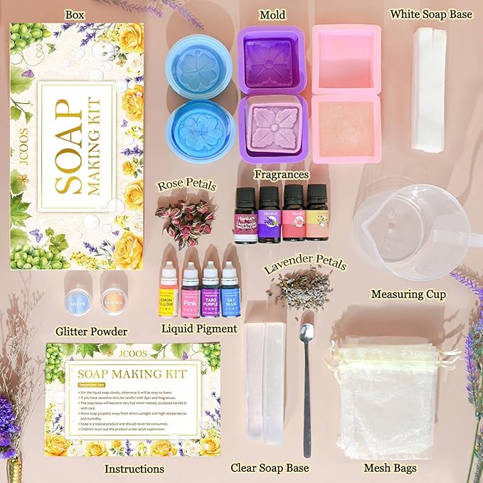 Soap Making Kit, JCOOS Soap Making Kit for Adults and Kids, Soap Making Supplies - Melt and Pour Soap Base, Soap Mold, Soap Colorant, Fragrances, Dried Flowers, Glitter, Kids Craft Diy Kits for Adults
