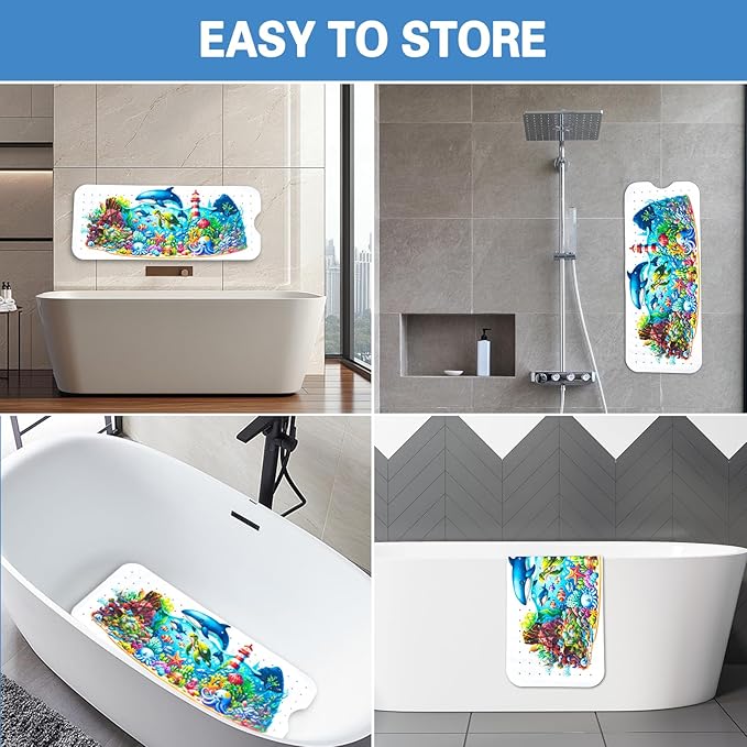 Kids Bath Mat with Ocean Theme Design, 40x16 inches, Non-Slip with 200 Suction Cups, Cartoon Sea Animals Pattern (Turtle+Whale, 40 * 16in)
