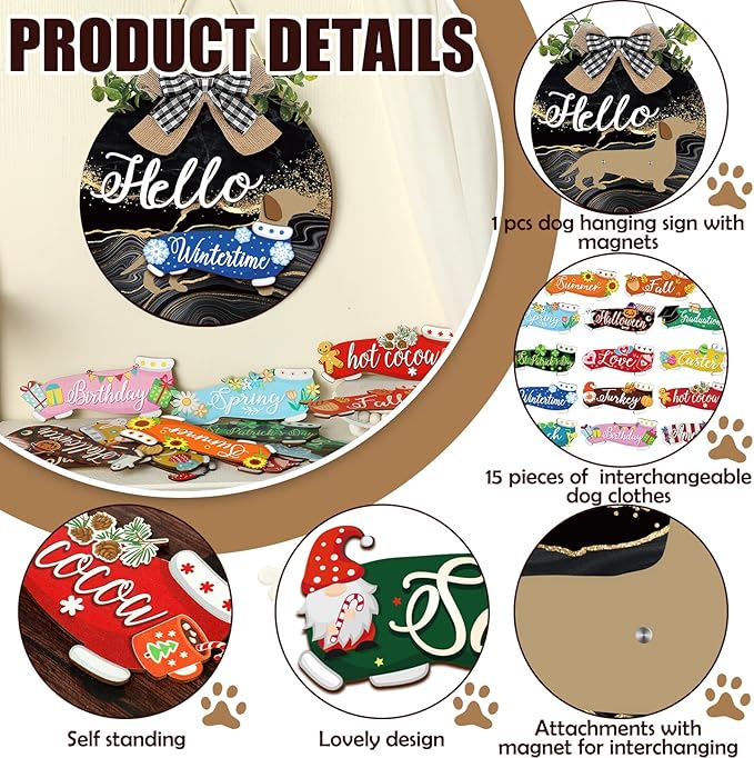 Glenmal 16 Pcs Seasonal Dachshund Door Decor for All Season and Holiday Hanging Cute Christmas Dachshund Welcome Sign Rustic Wooden Farmhouse Front Door Signs Outdoor(Black, Gold)