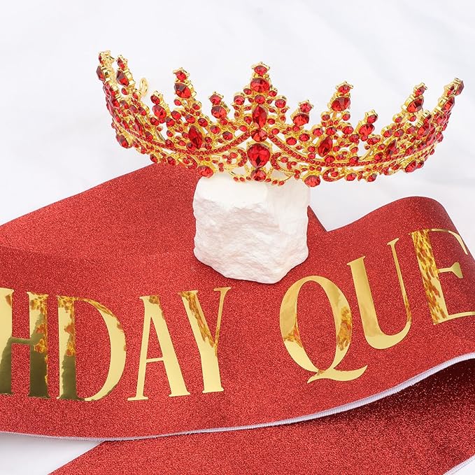 COCIDE Red Birthday Sash and Crown for Women - Crystal Tiaras Decorations for Girl,Glitter Rhinestone Gifts Headband Sashes Decor,Coronas for Queen,Happy Birthday Accessories Party Favors